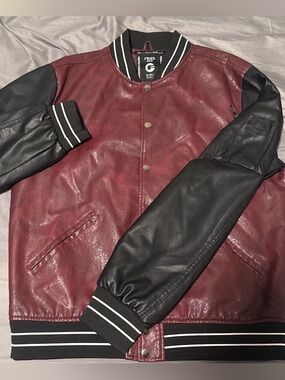 Men's Burgundy and Black Leather Varsity Bomber Jacket